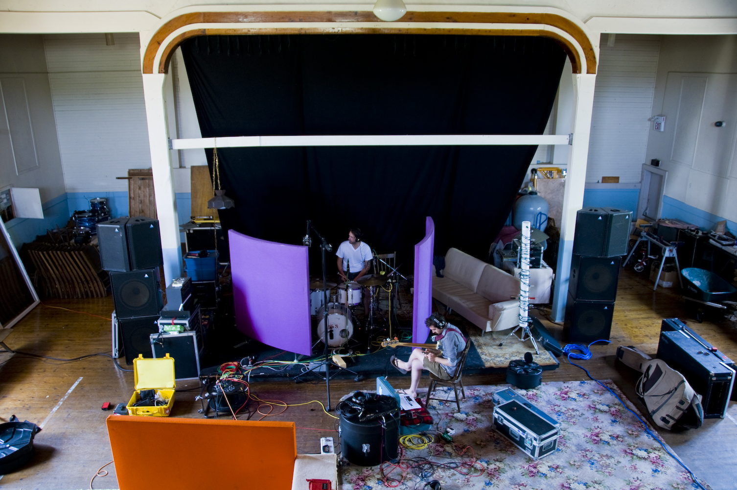 Tracking drums and bass in the old theatre space. Photo by Aaron Mackenzie Fraser